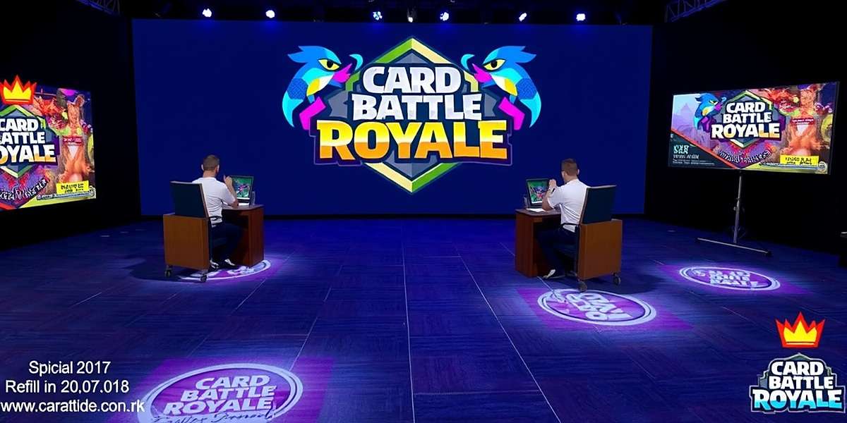Card Battle Royale tournament in Mumbai with players competing on stage and large screens showing gameplay